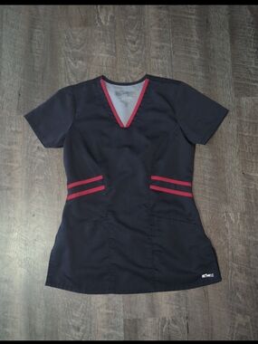XXS- Greys Anatomy Navy blue with red accent (on front) scrub top- EUC